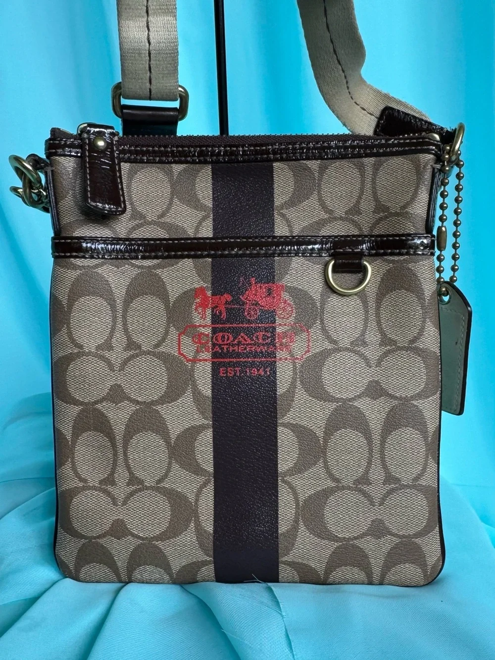 Coach Signature Canvas Crossbody Bag in Brown with Red Logo - Picture 1 of 7